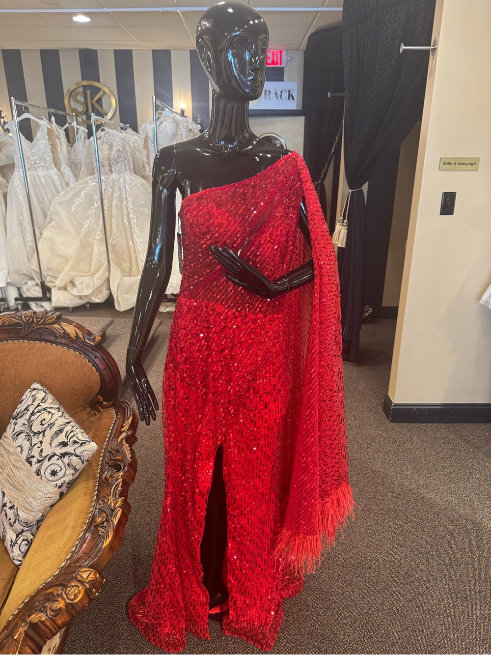 Red Sequin One Shoulder Evening Gown Feather Cape Dress EUR 42 US 10 SK Boutique